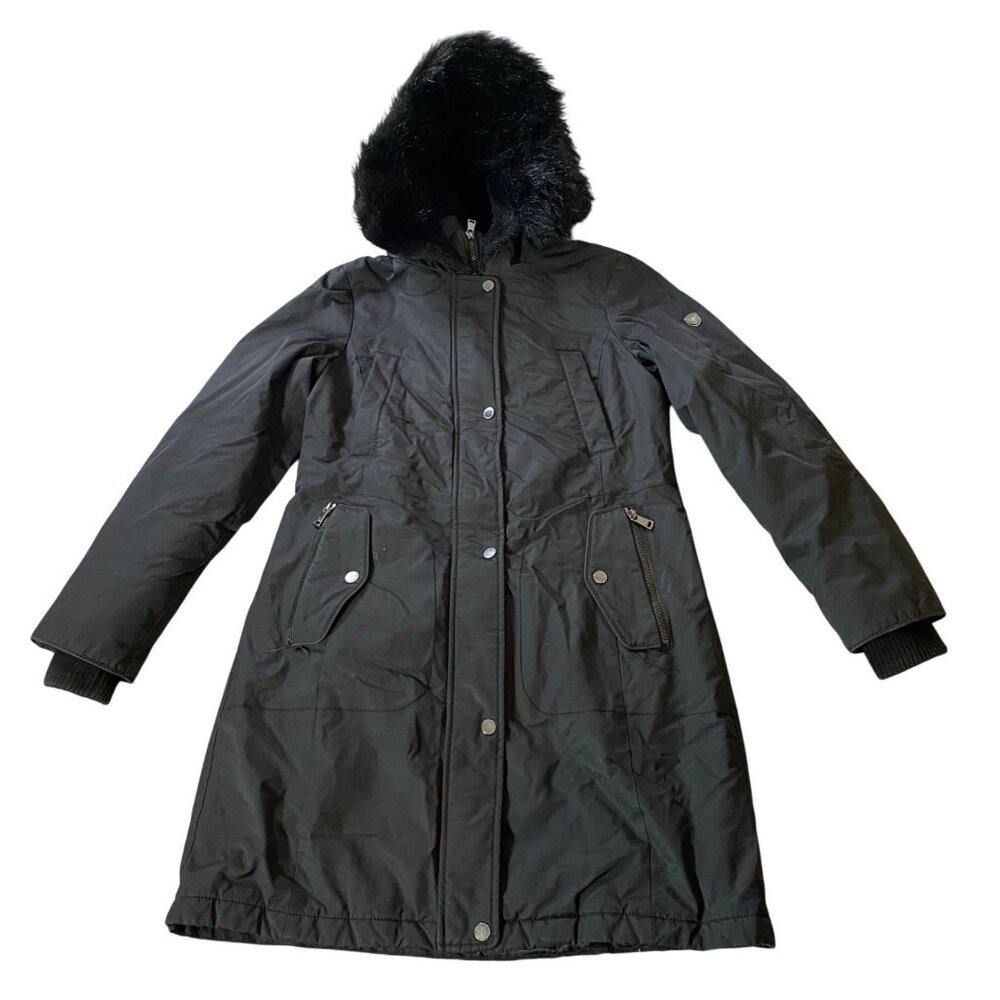 1 Madison Expedition Black Hooded Midi Coat Faux Fur Trim Size Small